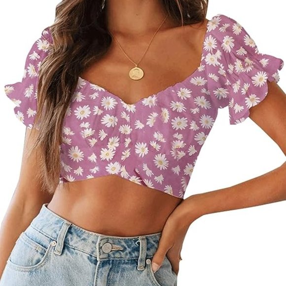 Cute Daisy Pink Sleeve Tie Up Back Crop Top - size Small - Picture 1 of 5
